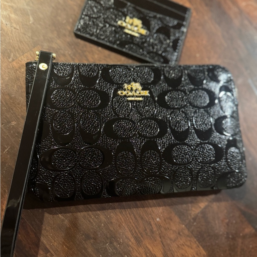 Coach Black Embossed Wristlet with small card holder